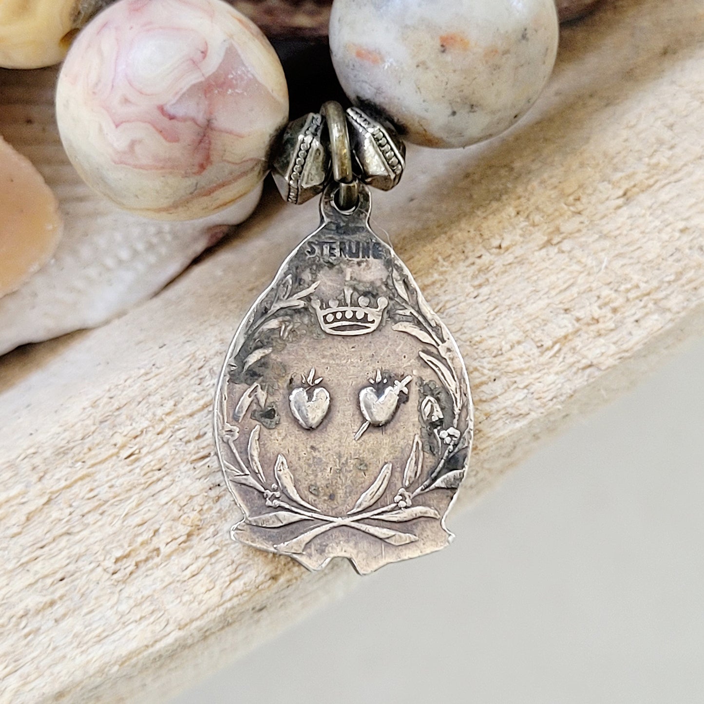 Crazy Lace Agate 14mm Beaded Bracelet w/ Sterling Silver Art Deco medal of St. Joseph / Sacred Heart of Jesus - Afterlife Jewelry Designs