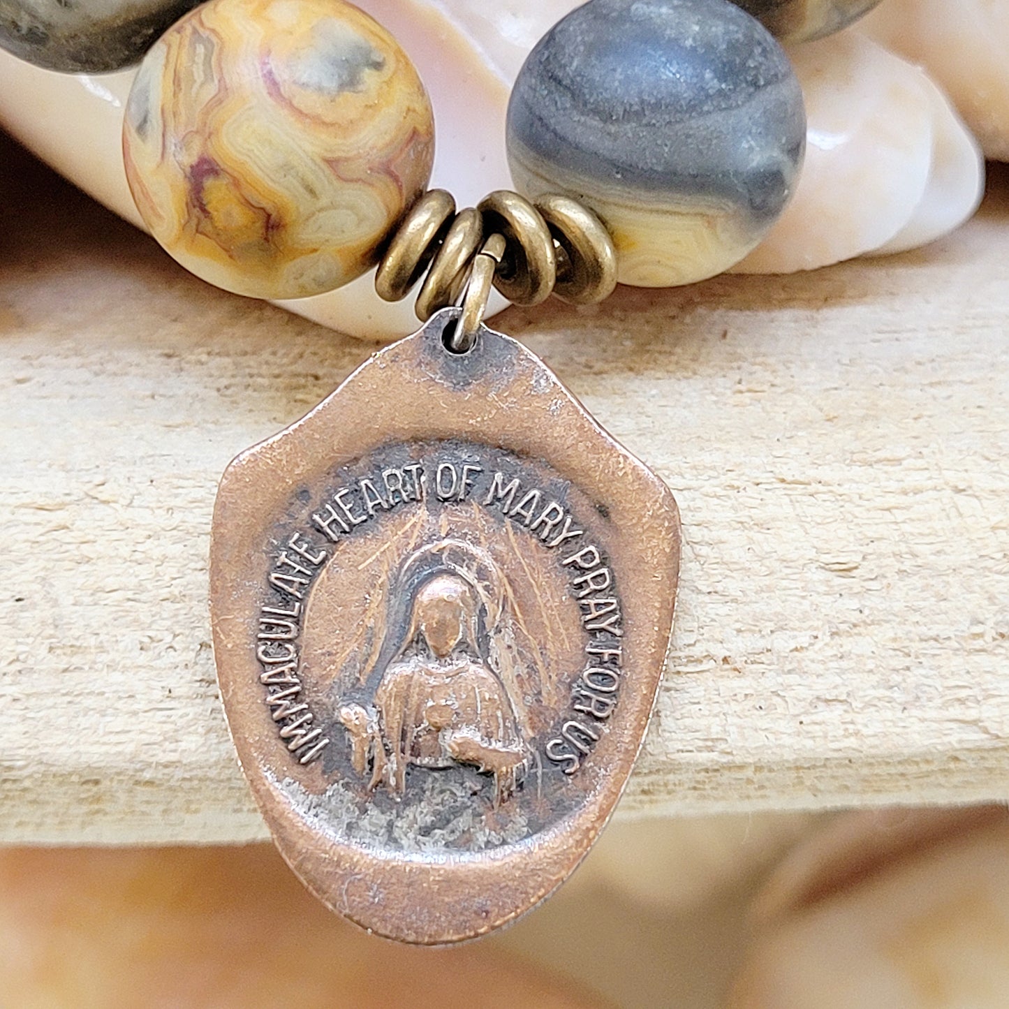 Crazy Lace Agate 14mm Beaded Bracelet w/ Miraculous Medal Vintage Medal - Afterlife Jewelry Designs