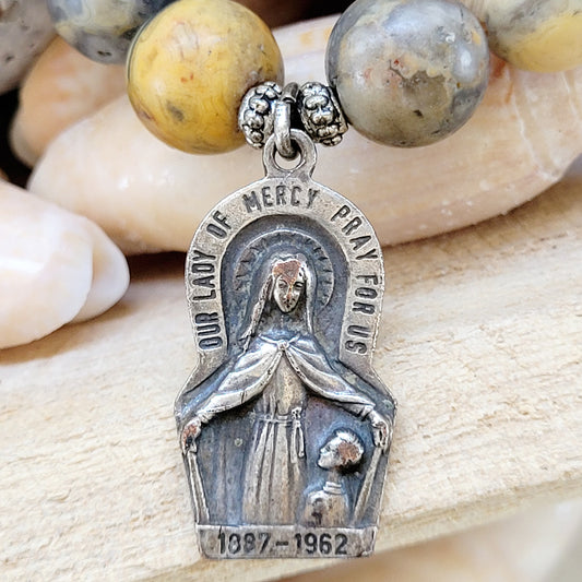 Crazy Lace Agate 14mm Beaded Bracelet w/ Our Lady of Mercy Medal 1962 Chicago Illinois Mission - Afterlife Jewelry Designs