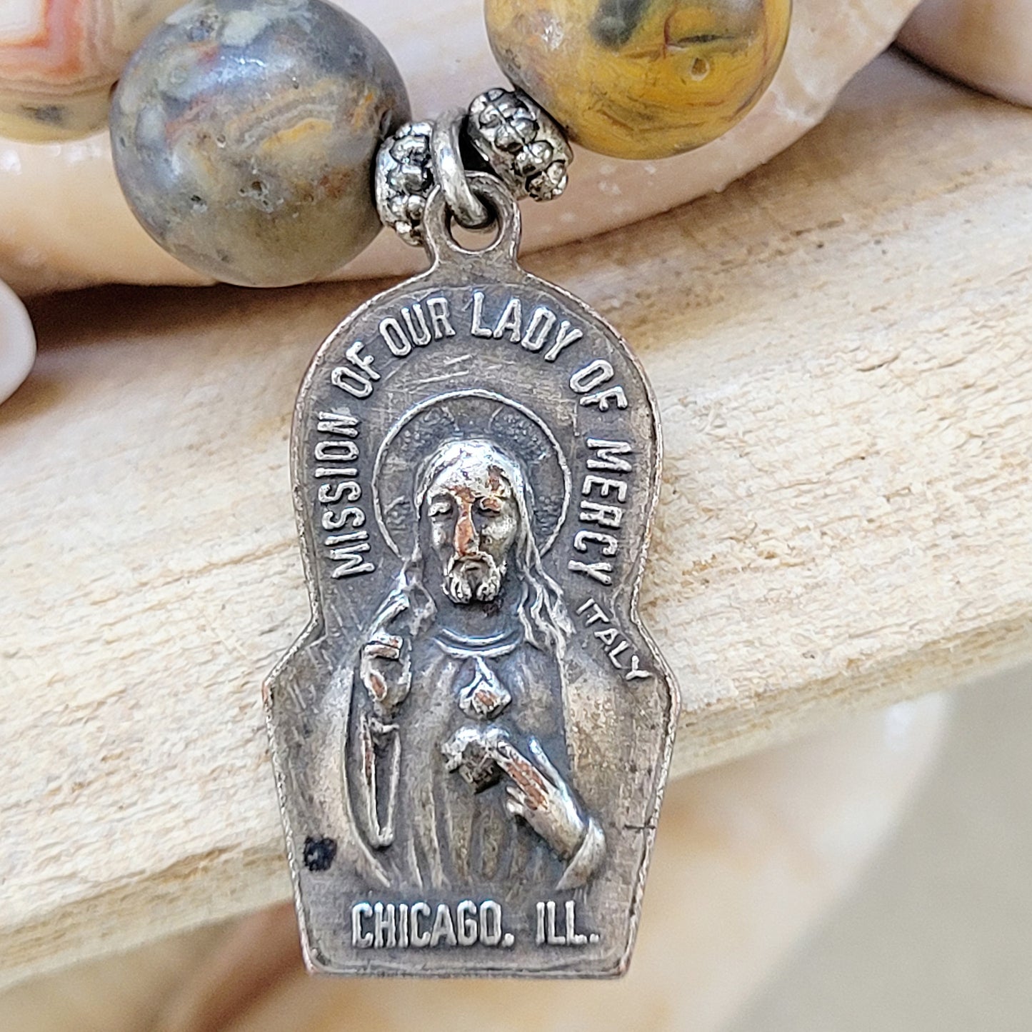 Crazy Lace Agate 14mm Beaded Bracelet w/ Our Lady of Mercy Medal 1962 Chicago Illinois Mission - Afterlife Jewelry Designs