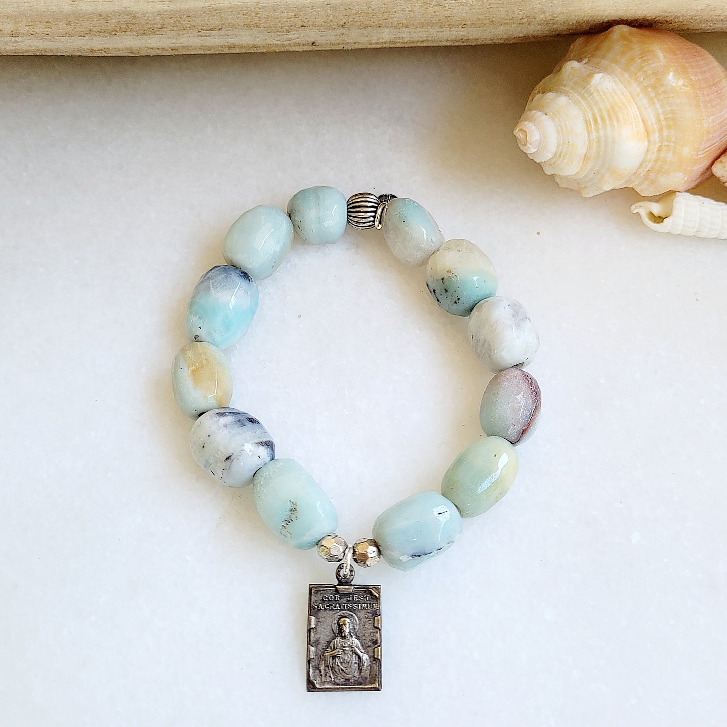 Amazonite Tubular Beaded Bracelet w/ Unique Sacred Heart of Jesus Medal - Afterlife Jewelry Designs