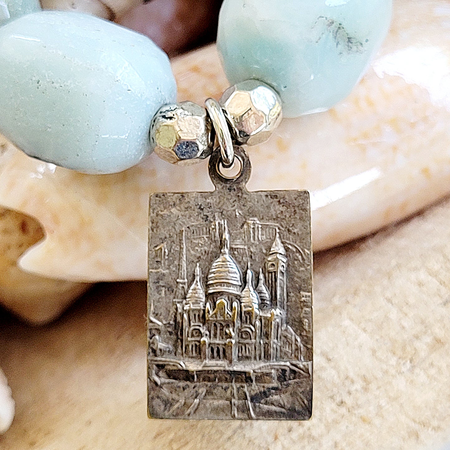 Amazonite Tubular Beaded Bracelet w/ Unique Sacred Heart of Jesus Medal - Afterlife Jewelry Designs