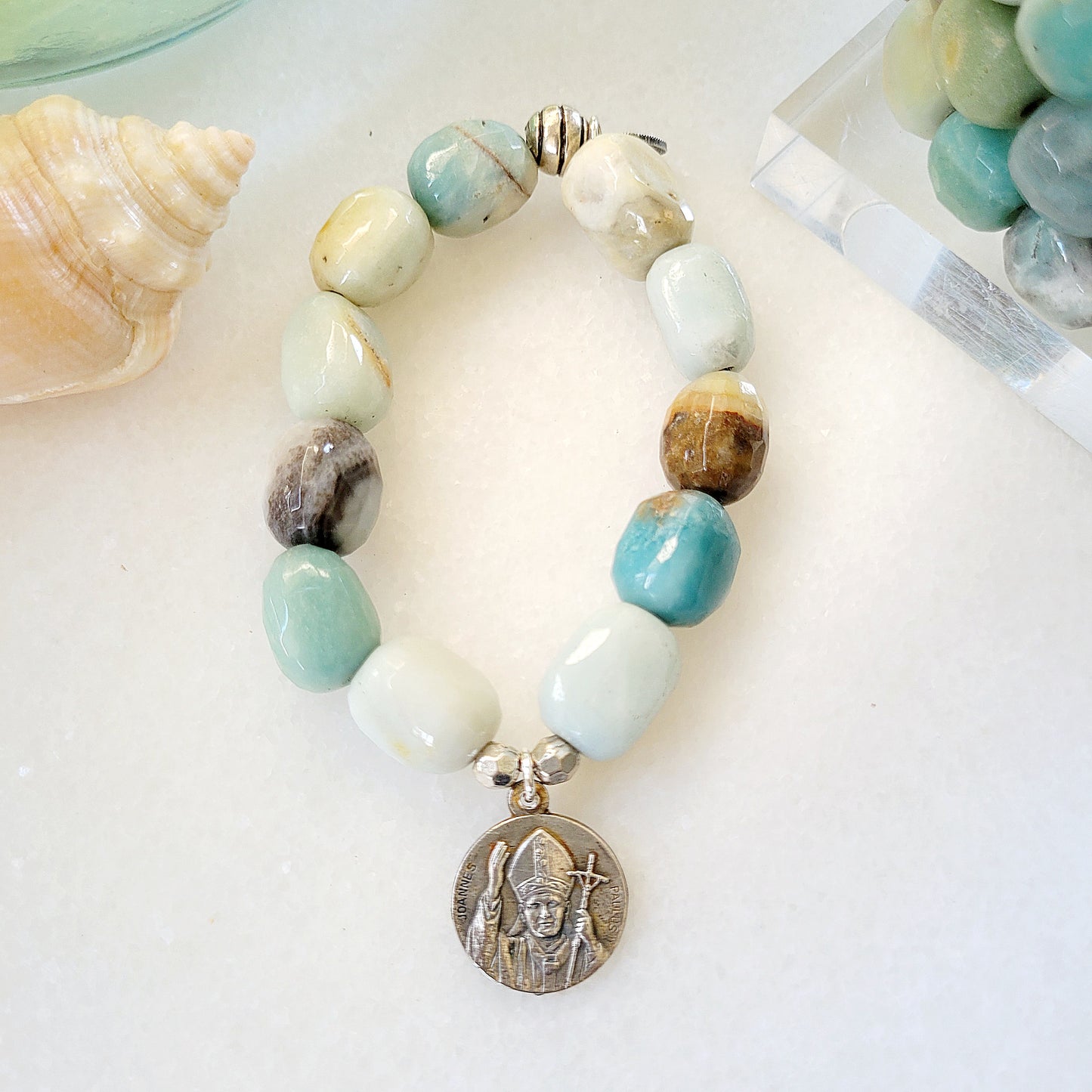 Amazonite Tubular Beaded Bracelet w/ Pope John Paul II + The Vatical Medal - Afterlife Jewelry Designs
