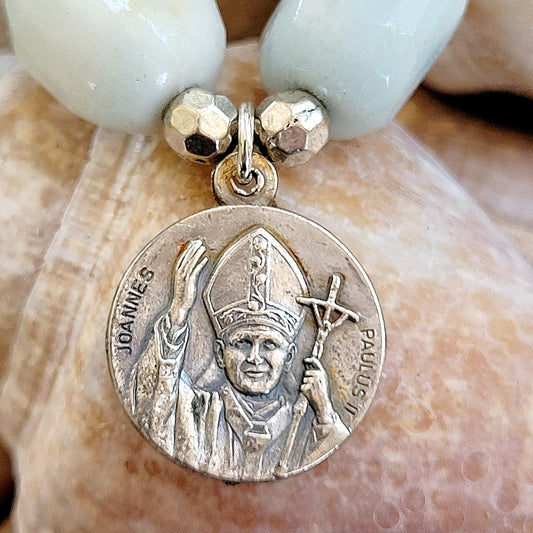 Amazonite Tubular Beaded Bracelet w/ Pope John Paul II + The Vatical Medal - Afterlife Jewelry Designs
