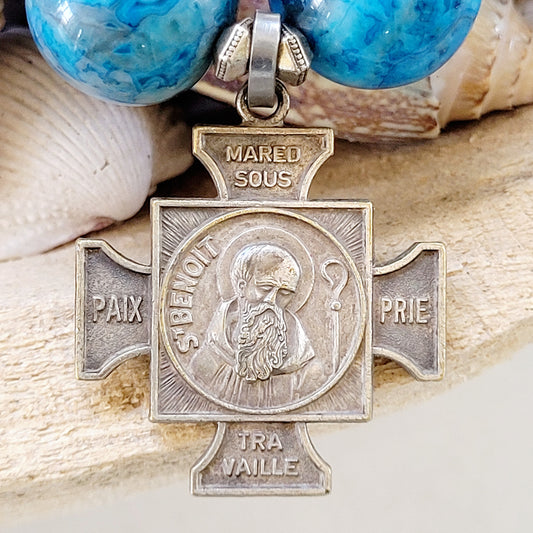 Blue Crazy Lace Agate 16mm Beaded Bracelet w/ Maltese Cross Medal w/ St. Benedict - Afterlife Jewelry Designs