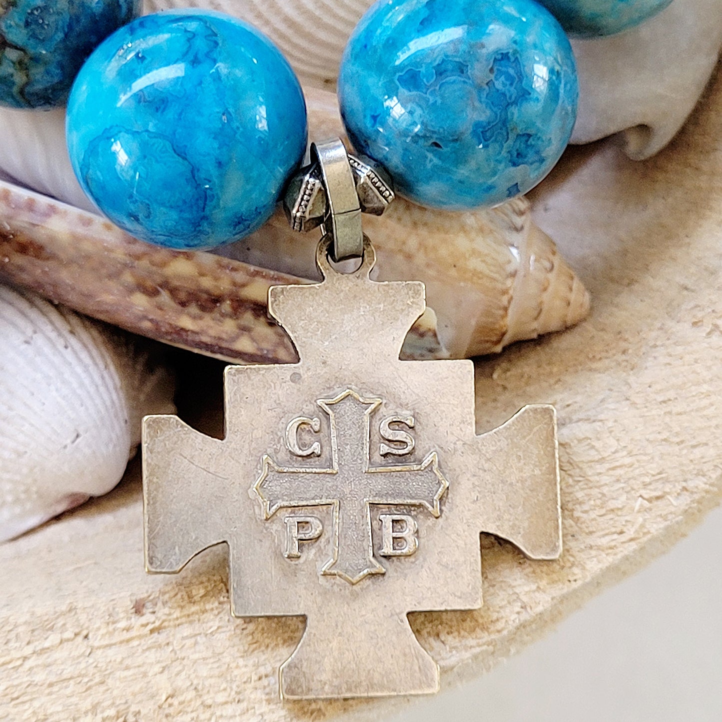 Blue Crazy Lace Agate 16mm Beaded Bracelet w/ Maltese Cross Medal w/ St. Benedict - Afterlife Jewelry Designs