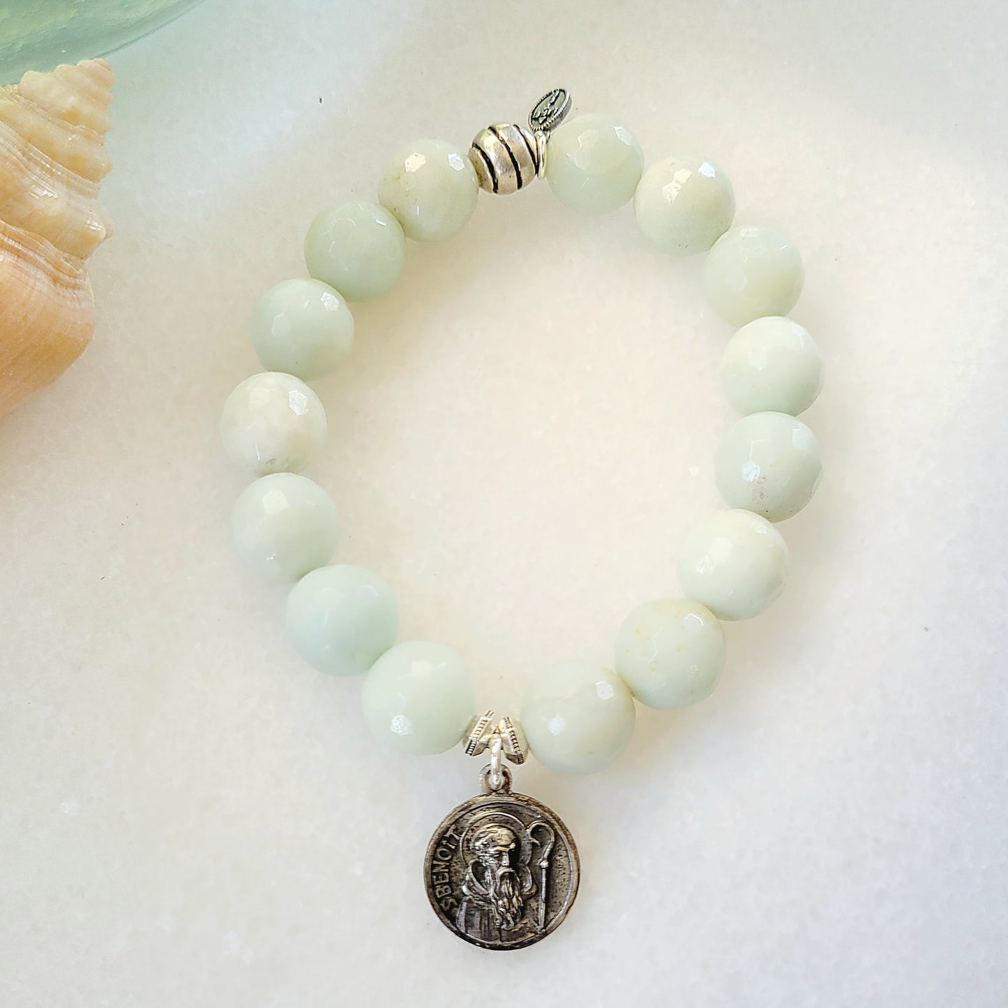 Amazonite Faceted 12mm Beaded Bracelet w/ St. Benedict of Nursa Medal - Afterlife Jewelry Designs