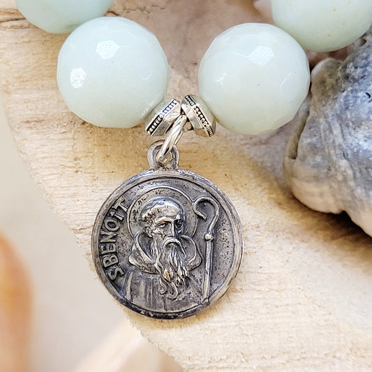 Amazonite Faceted 12mm Beaded Bracelet w/ St. Benedict of Nursa Medal - Afterlife Jewelry Designs