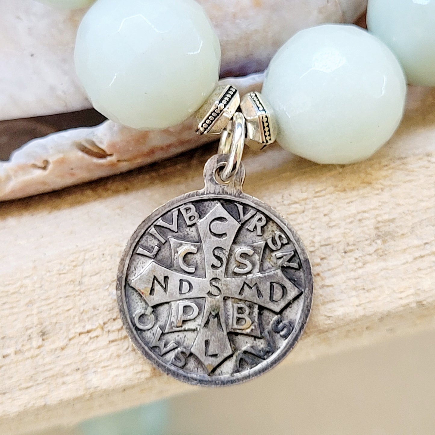 Amazonite Faceted 12mm Beaded Bracelet w/ St. Benedict of Nursa Medal - Afterlife Jewelry Designs