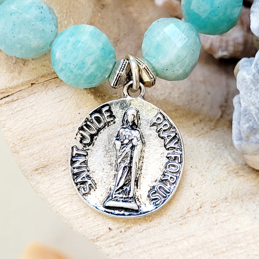 Brazilian Amazonite Faceted 10mm Beaded Bracelet w/ Embossed Medal of St. Jude Thaddeus - Afterlife Jewelry Designs