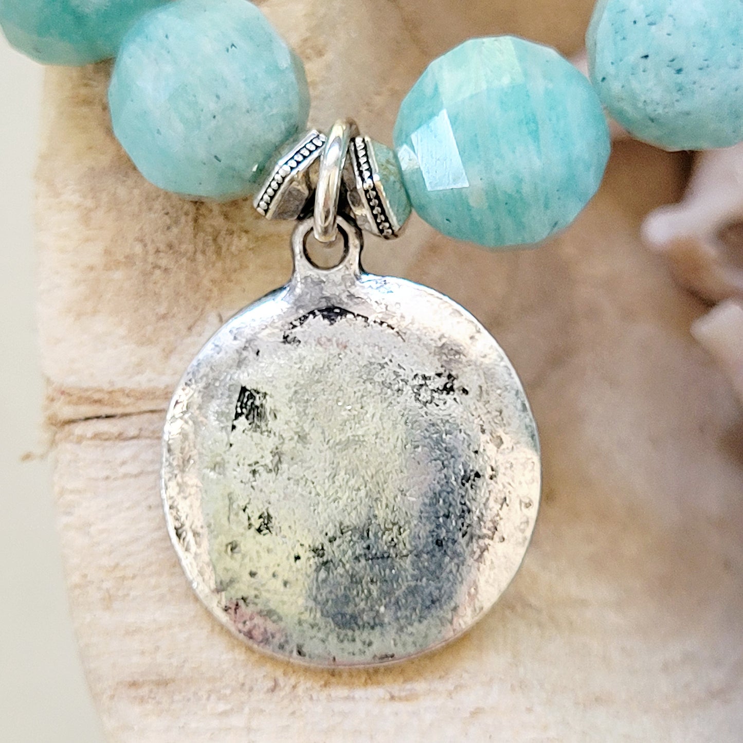 Brazilian Amazonite Faceted 10mm Beaded Bracelet w/ Embossed Medal of St. Jude Thaddeus - Afterlife Jewelry Designs
