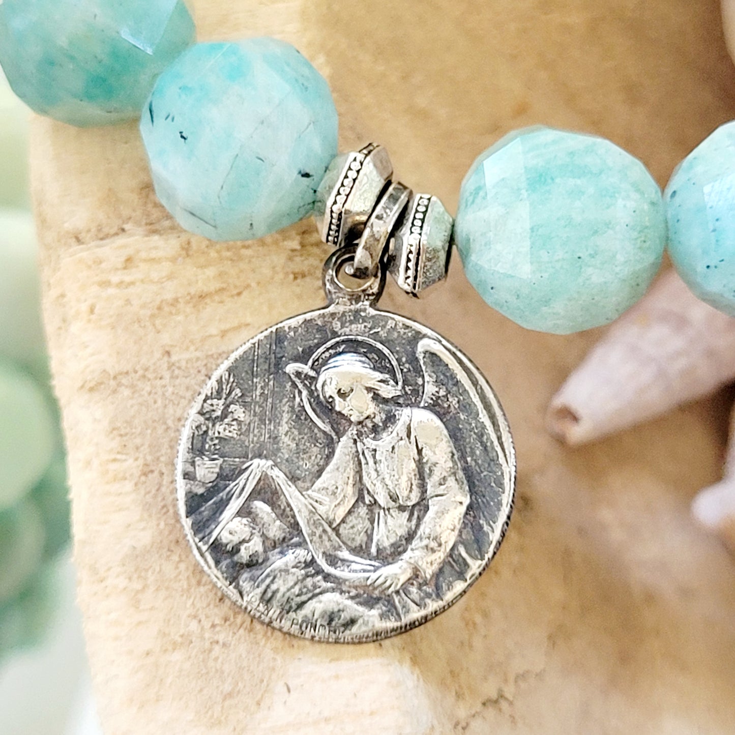 Brazilian Amazonite Faceted 10mm Beaded Bracelet w/ St. Joseph holding Infant Jesus Embossed Medal - Afterlife Jewelry Designs