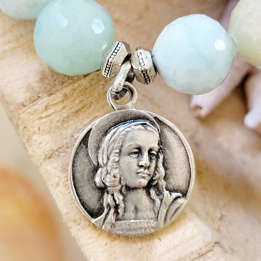 Amazonite Faceted 12mm Beaded Bracelet w/ Mary Magdalene Embossed Medal - Afterlife Jewelry Designs