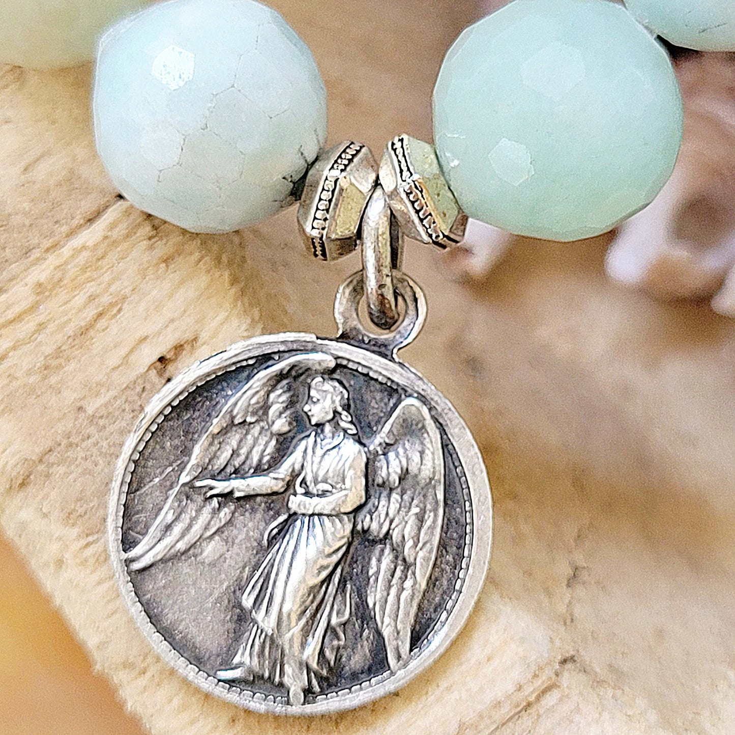 Amazonite Faceted 12mm Beaded Bracelet w/ Mary Magdalene Embossed Medal - Afterlife Jewelry Designs