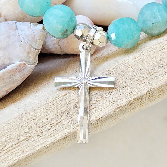 Brazilian Amazonite Faceted 10mm Beaded Bracelet w/ Sterling Silver Cross - Afterlife Jewelry Designs