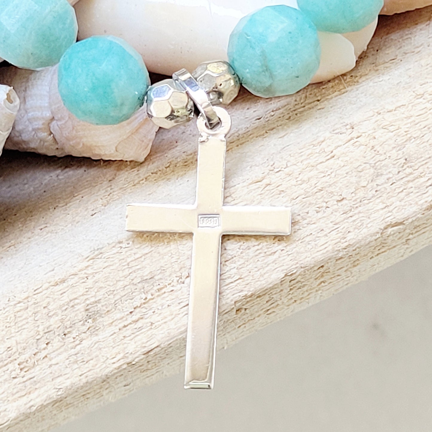 Brazilian Amazonite Faceted 10mm Beaded Bracelet w/ Sterling Silver Cross - Afterlife Jewelry Designs