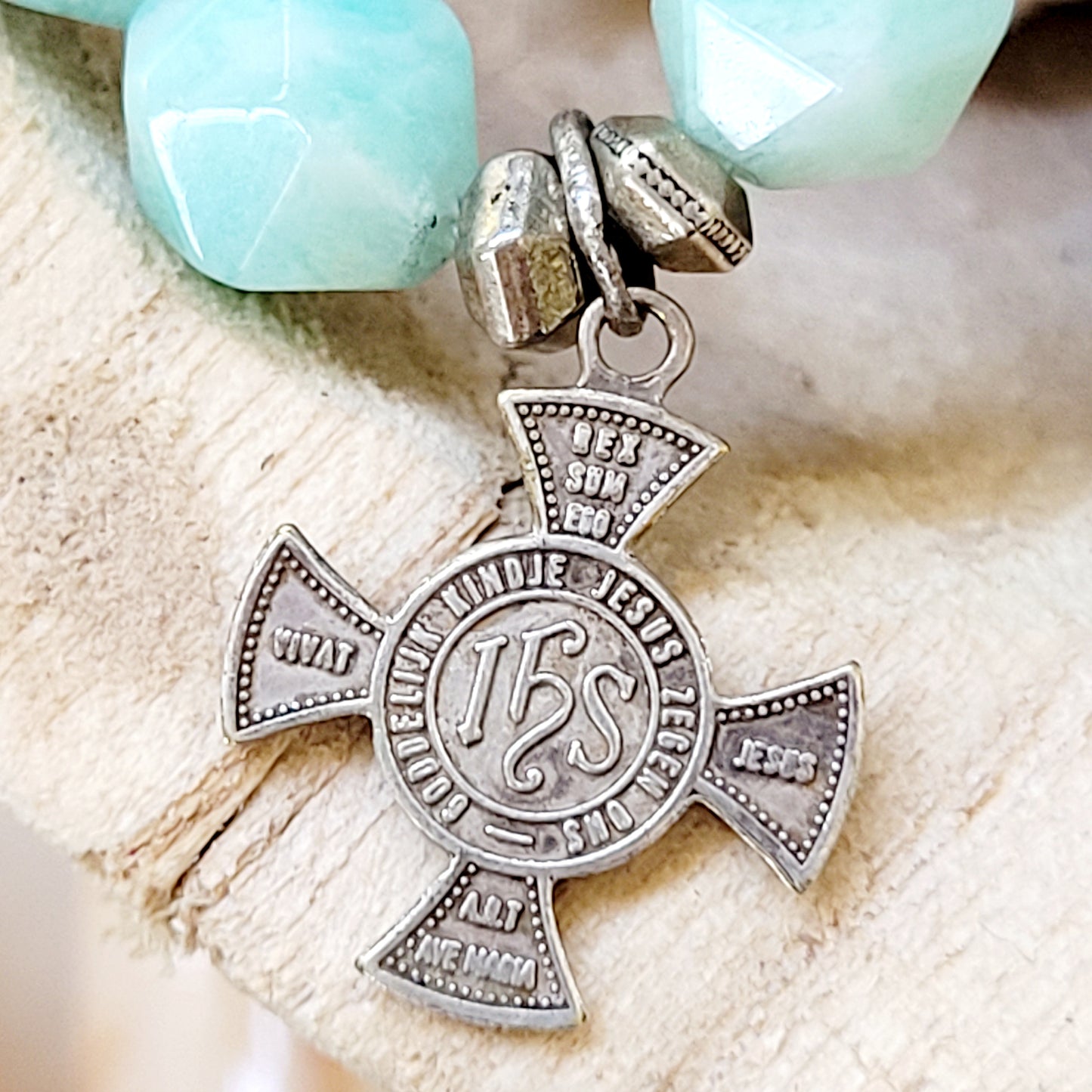 Brazilian Amazonite Faceted 10mm Beaded Bracelet w/ Maltese Cross Medal with The Infant of Prague - Afterlife Jewelry Designs