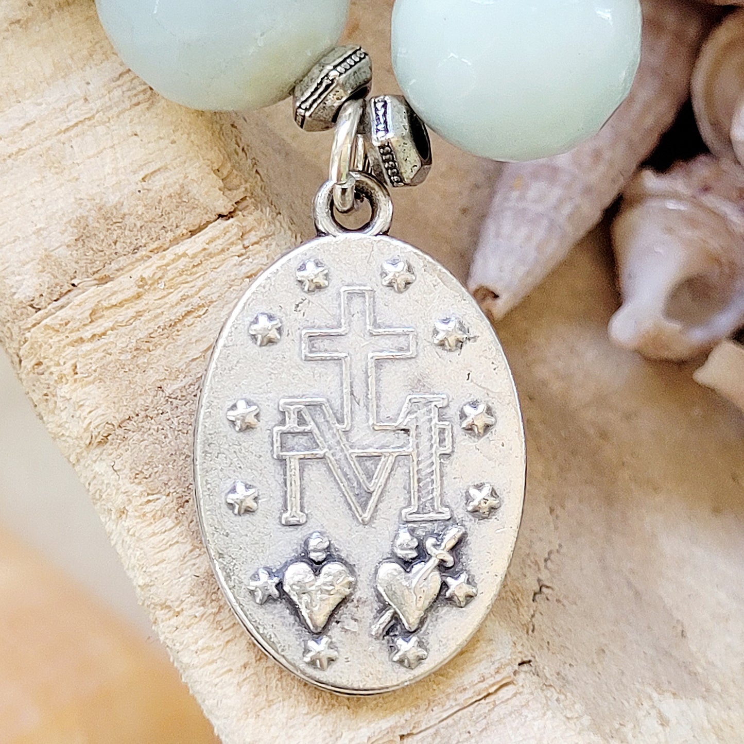Amazonite Faceted 12mm Beaded Bracelet w/ Miraculous Mary French Medal - Afterlife Jewelry Designs