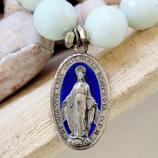 Amazonite Faceted 12mm Beaded Bracelet w/ Miraculous Medal of Mary Enameled Medal - Afterlife Jewelry Designs