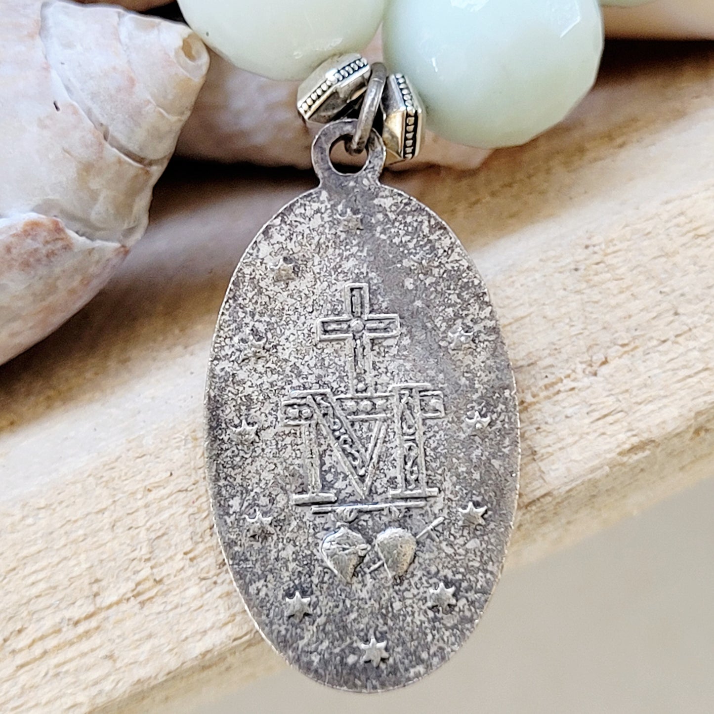 Amazonite Faceted 12mm Beaded Bracelet w/ Miraculous Medal of Mary Enameled Medal - Afterlife Jewelry Designs