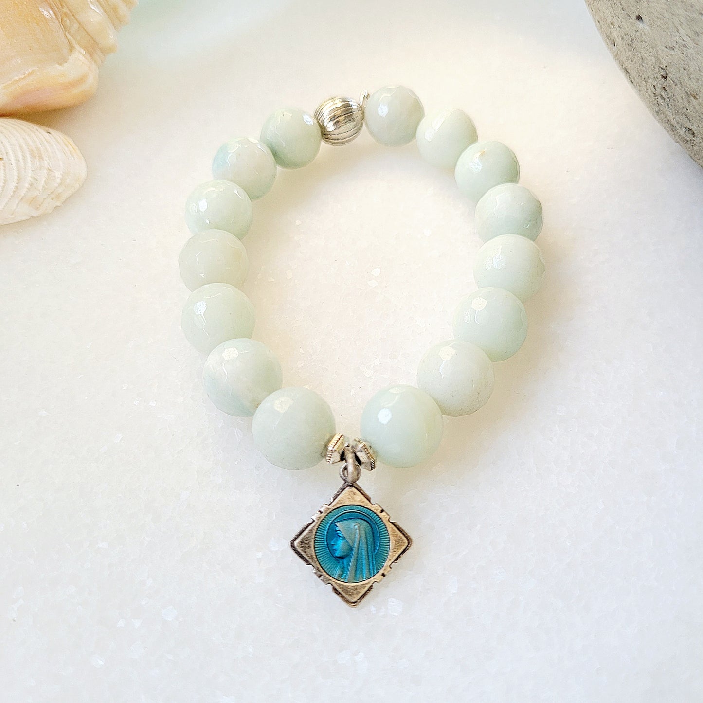 Amazonite Faceted 12mm Beaded Bracelet w/ Our Lady of Lourdes Blue Enameled Medal - Afterlife Jewelry Designs