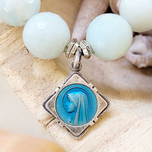 Amazonite Faceted 12mm Beaded Bracelet w/ Our Lady of Lourdes Blue Enameled Medal - Afterlife Jewelry Designs