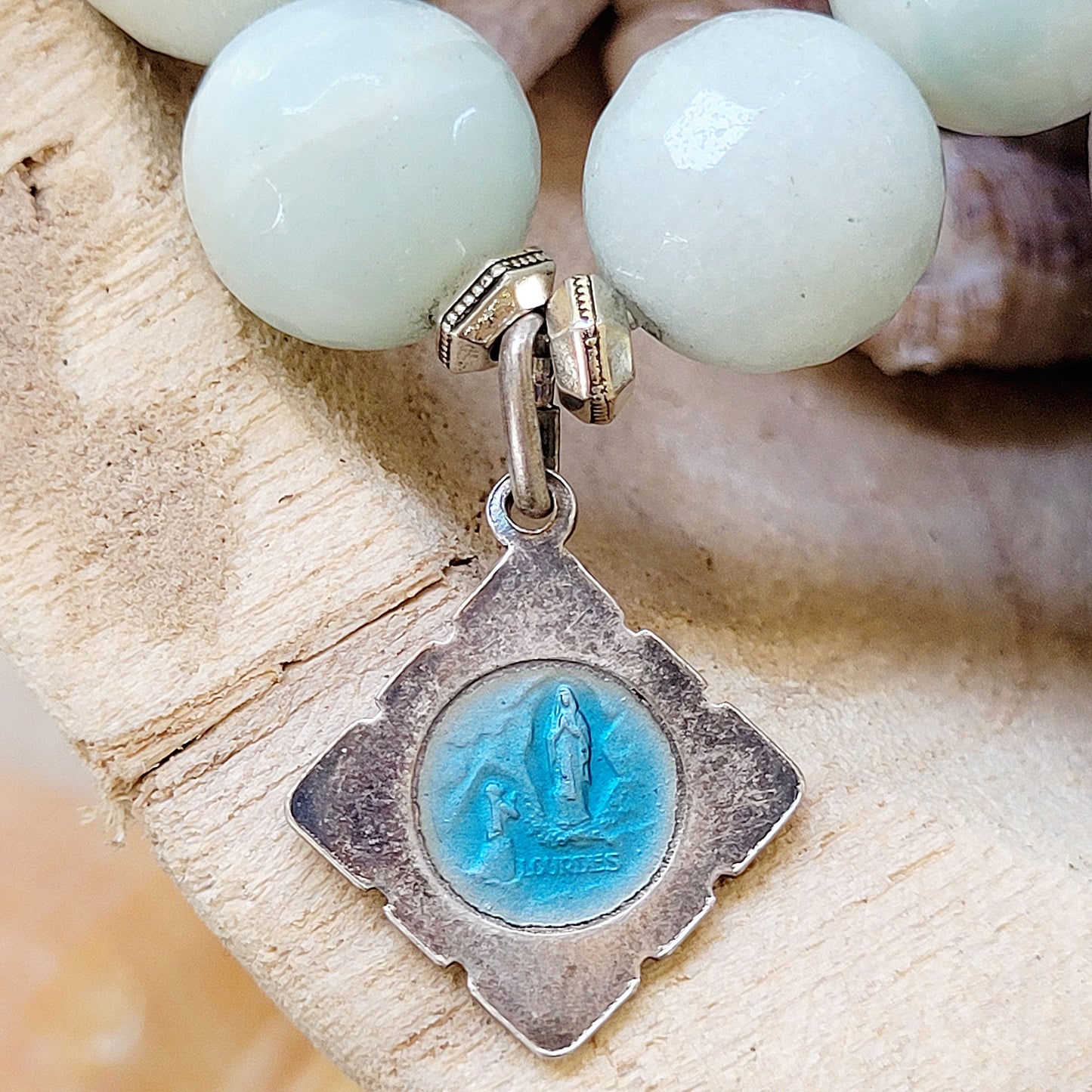 Amazonite Faceted 12mm Beaded Bracelet w/ Our Lady of Lourdes Blue Enameled Medal - Afterlife Jewelry Designs