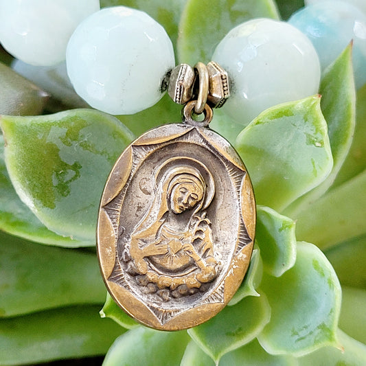 Amazonite Faceted 12mm Beaded Bracelet w/ The Virgin Mary/Infant of Prague Shrine Medal of Pilgrimage - Afterlife Jewelry Designs