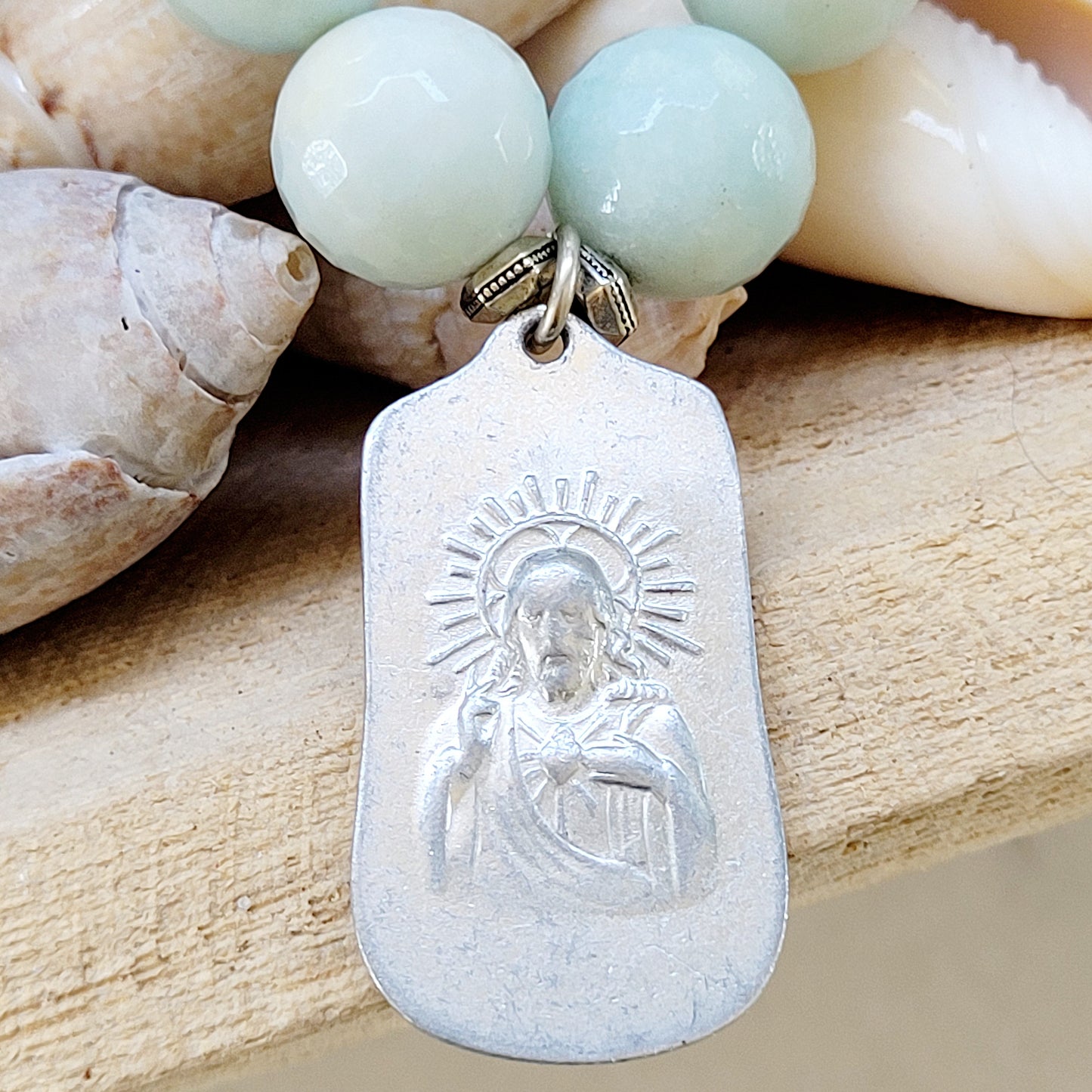 Amazonite Faceted 12mm Beaded Bracelet w/ Mary holding the Child Jesus - Afterlife Jewelry Designs
