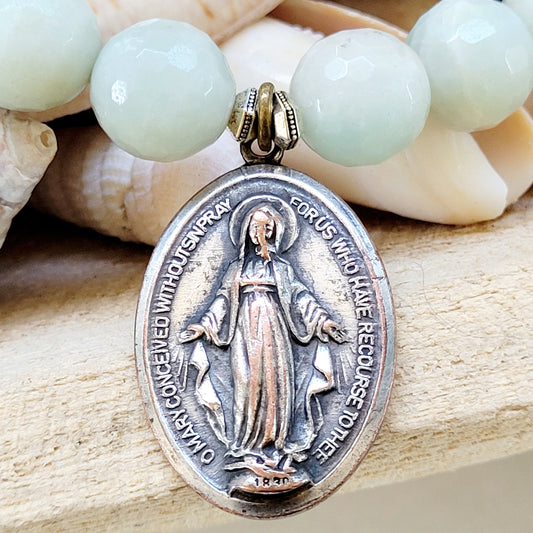 Amazonite Faceted 12mm Beaded Bracelet w/ Miraculous Medal of Mary - Afterlife Jewelry Designs