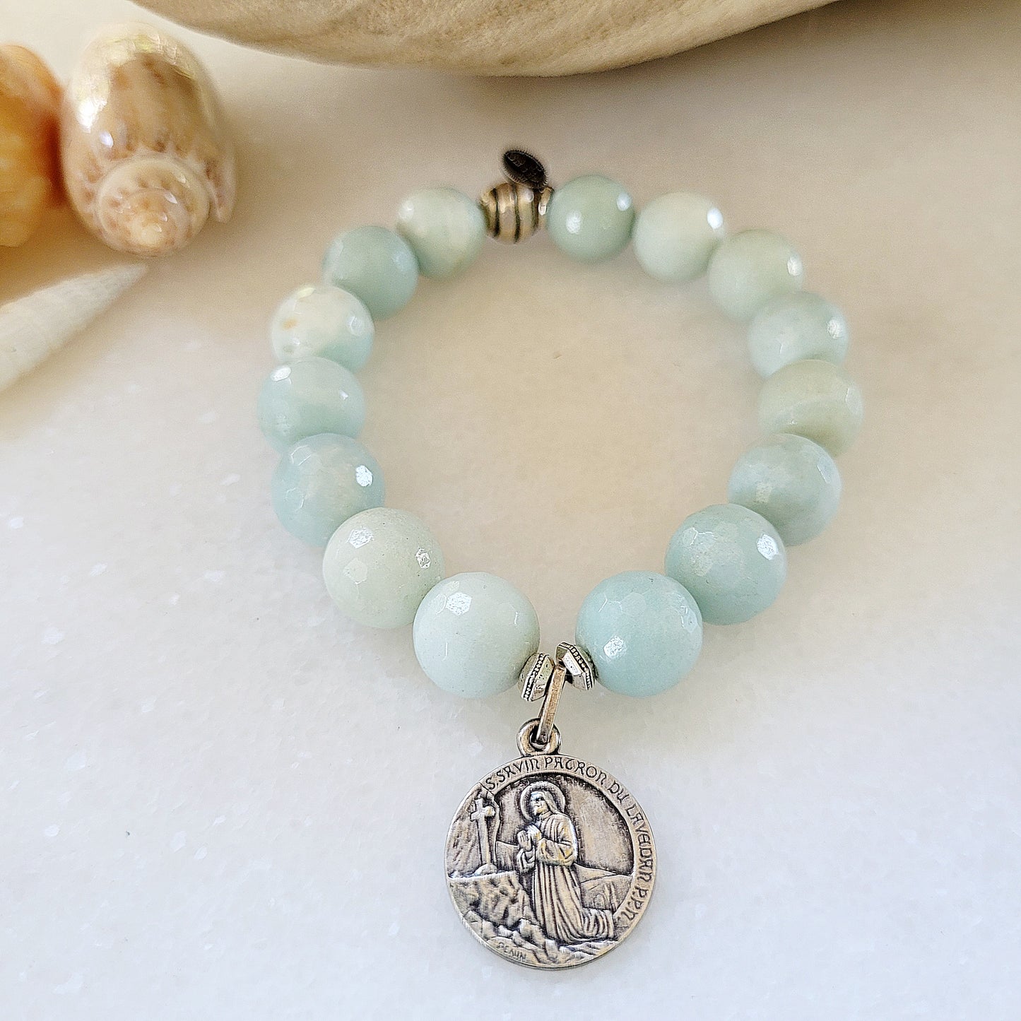 Amazonite Faceted 12mm Beaded Bracelet w/ Medal of Saint-Savin-en-Lavedan - Afterlife Jewelry Designs