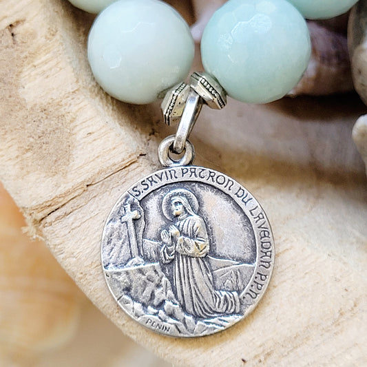Amazonite Faceted 12mm Beaded Bracelet w/ Medal of Saint-Savin-en-Lavedan - Afterlife Jewelry Designs