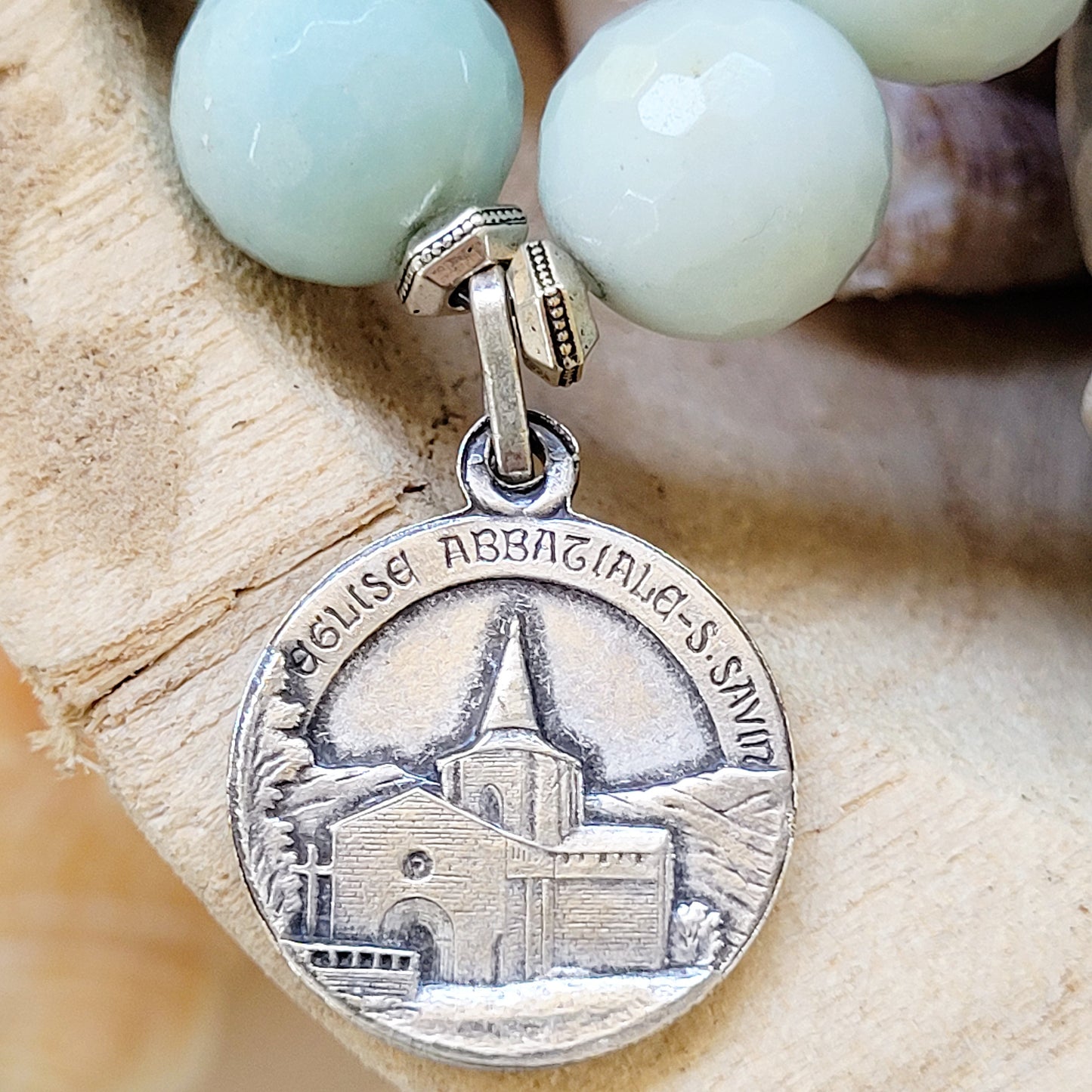 Amazonite Faceted 12mm Beaded Bracelet w/ Medal of Saint-Savin-en-Lavedan - Afterlife Jewelry Designs