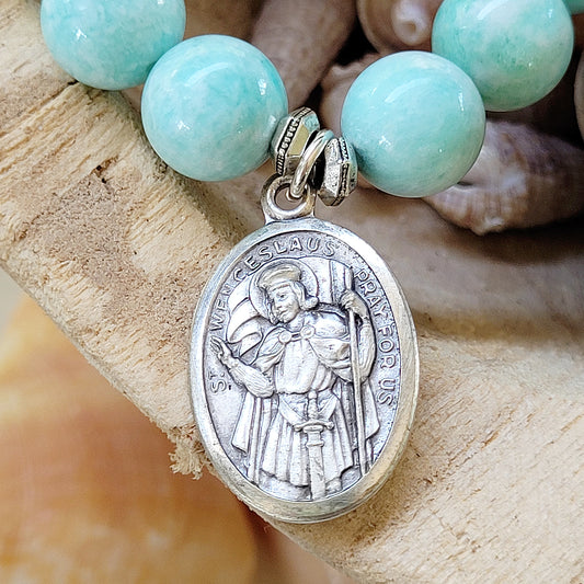 Brazilian Amazonite 12mm Beaded Bracelet w/ Rare St. Wenceslaus Medal - Afterlife Jewelry Designs