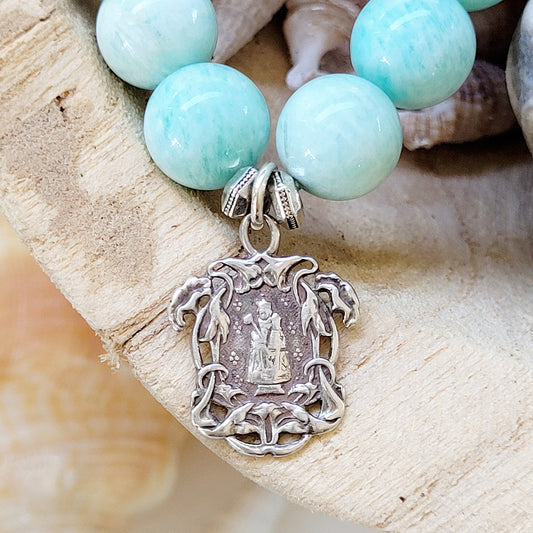 Brazilian Amazonite 12mm Beaded Bracelet w/ Virgin Mary Medal in Silver Art Nouveau - Afterlife Jewelry Designs