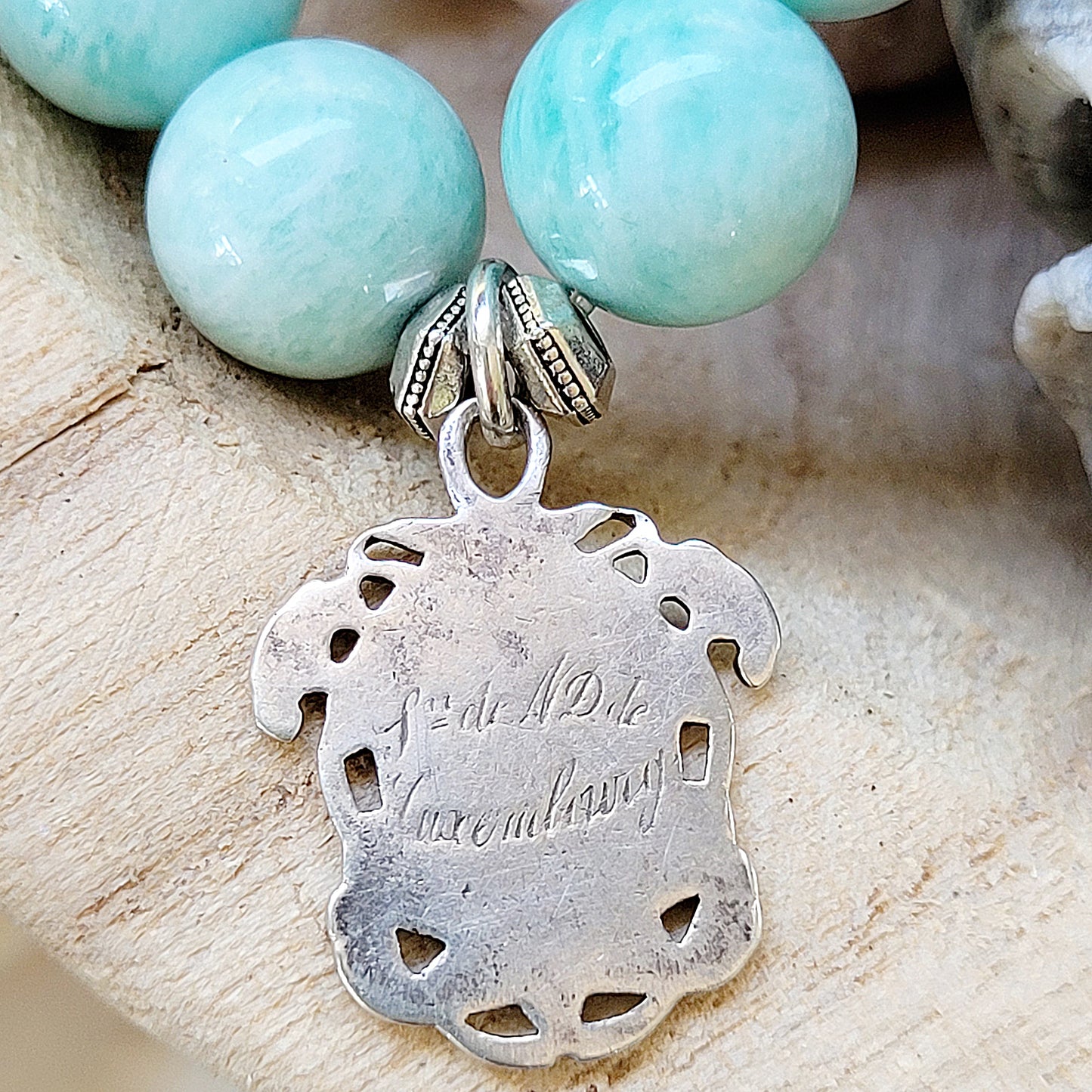 Brazilian Amazonite 12mm Beaded Bracelet w/ Virgin Mary Medal in Silver Art Nouveau - Afterlife Jewelry Designs