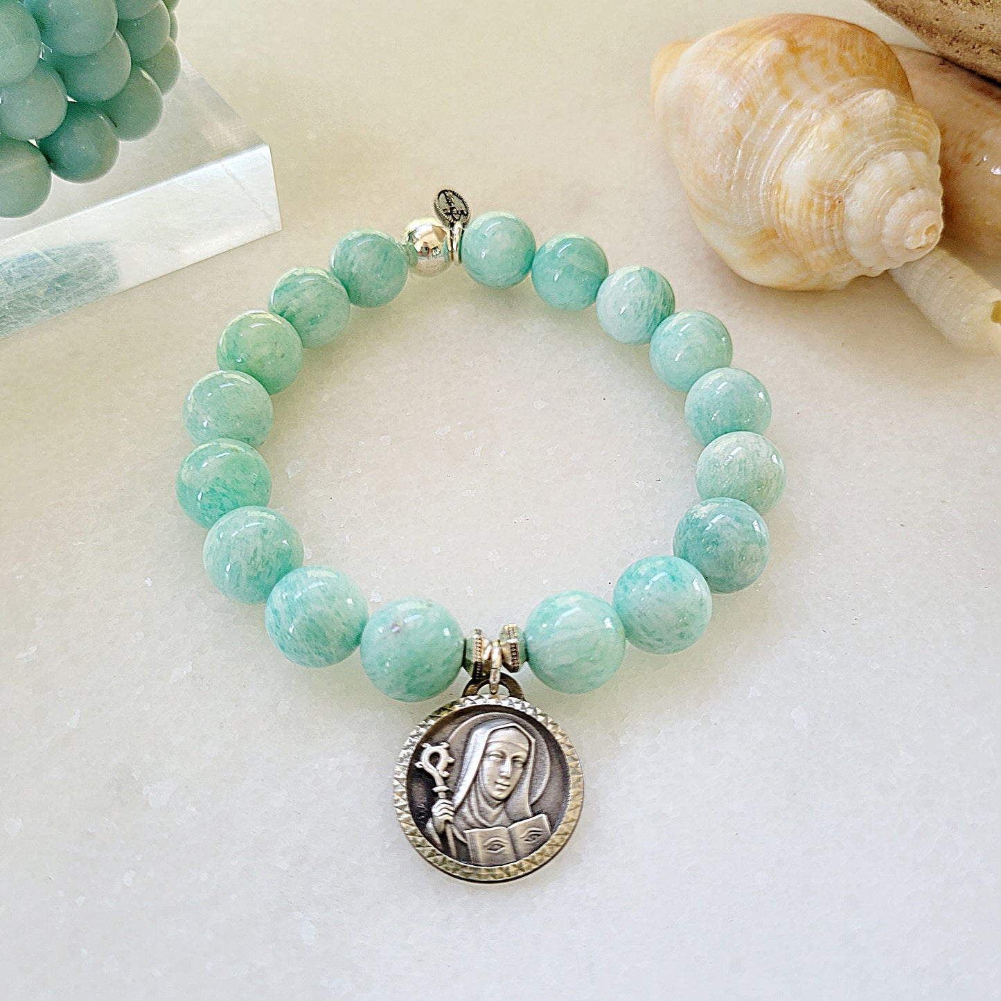 Brazilian Amazonite 12mm Beaded Bracelet w/ St. Odile of Alsace Religious Medal - Afterlife Jewelry Designs