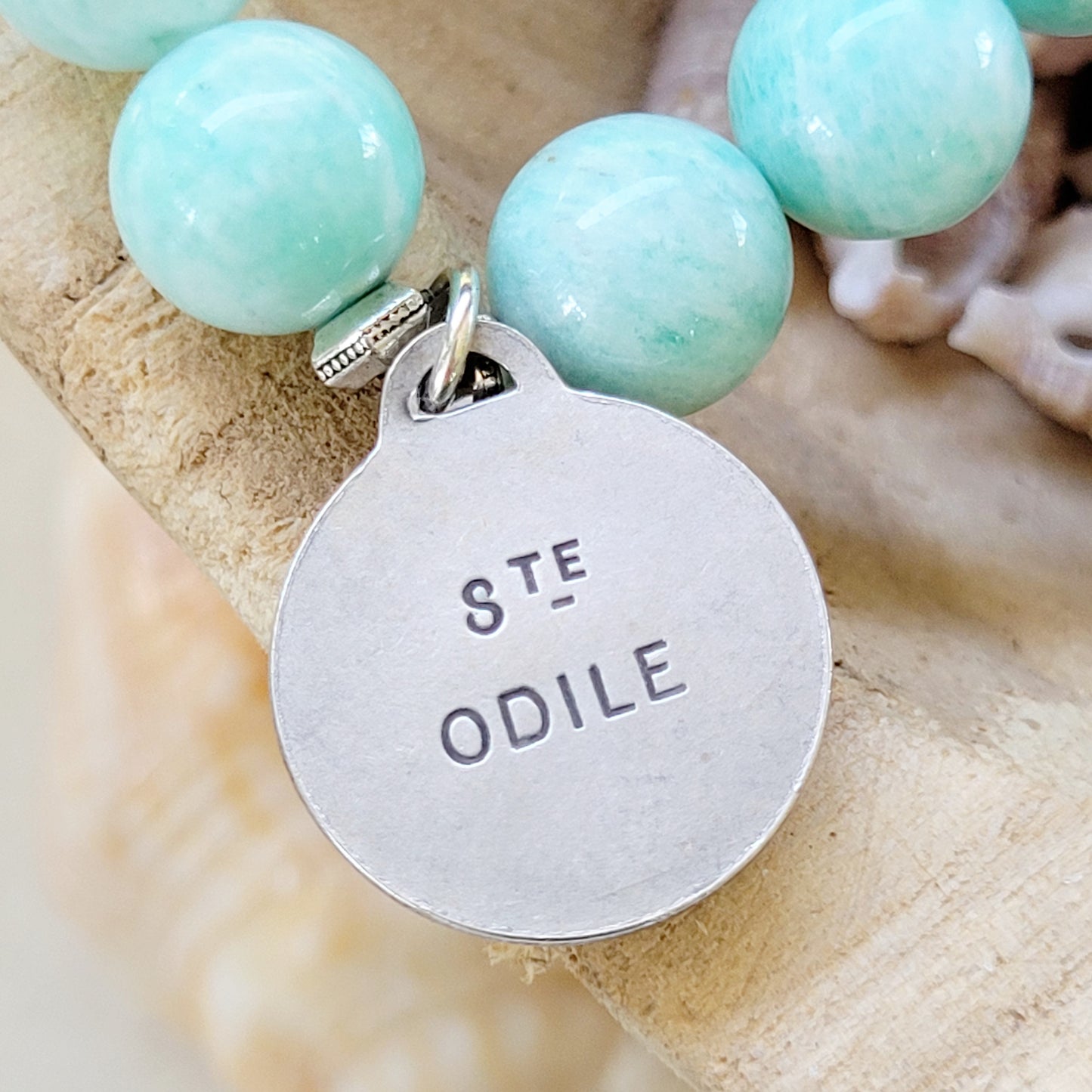 Brazilian Amazonite 12mm Beaded Bracelet w/ St. Odile of Alsace Religious Medal - Afterlife Jewelry Designs