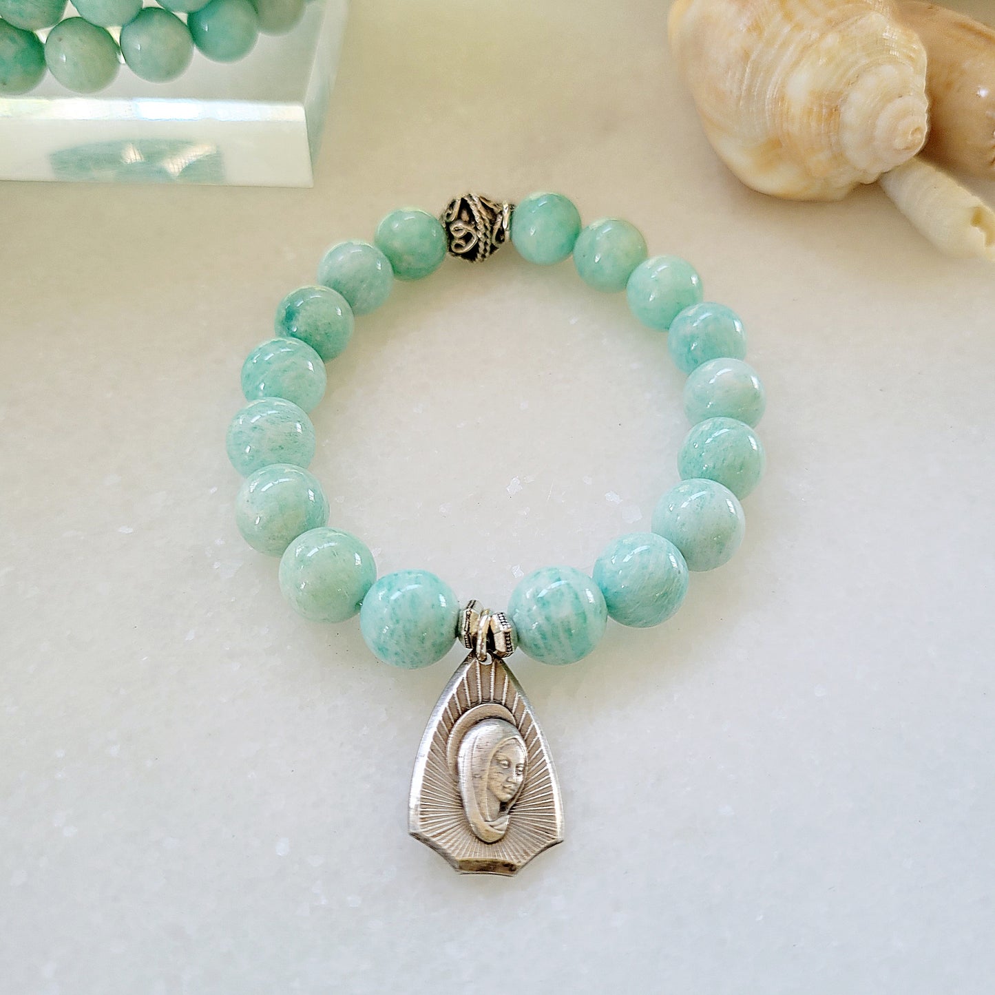 Brazilian Amazonite 12mm Beaded Bracelet w/ Virgin Mary Medal + St. Mutien-Marie - Afterlife Jewelry Designs