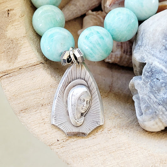 Brazilian Amazonite 12mm Beaded Bracelet w/ Virgin Mary Medal + St. Mutien-Marie - Afterlife Jewelry Designs