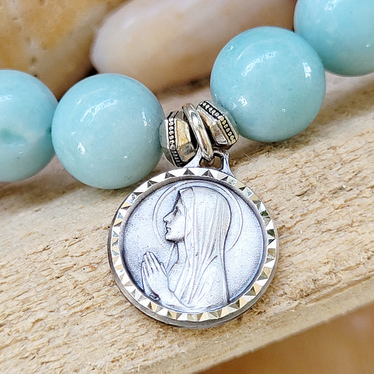 Brazilian Amazonite 12mm Smooth Beaded Bracelet w/ Our Lady of Lourdes Medal - Afterlife Jewelry Designs