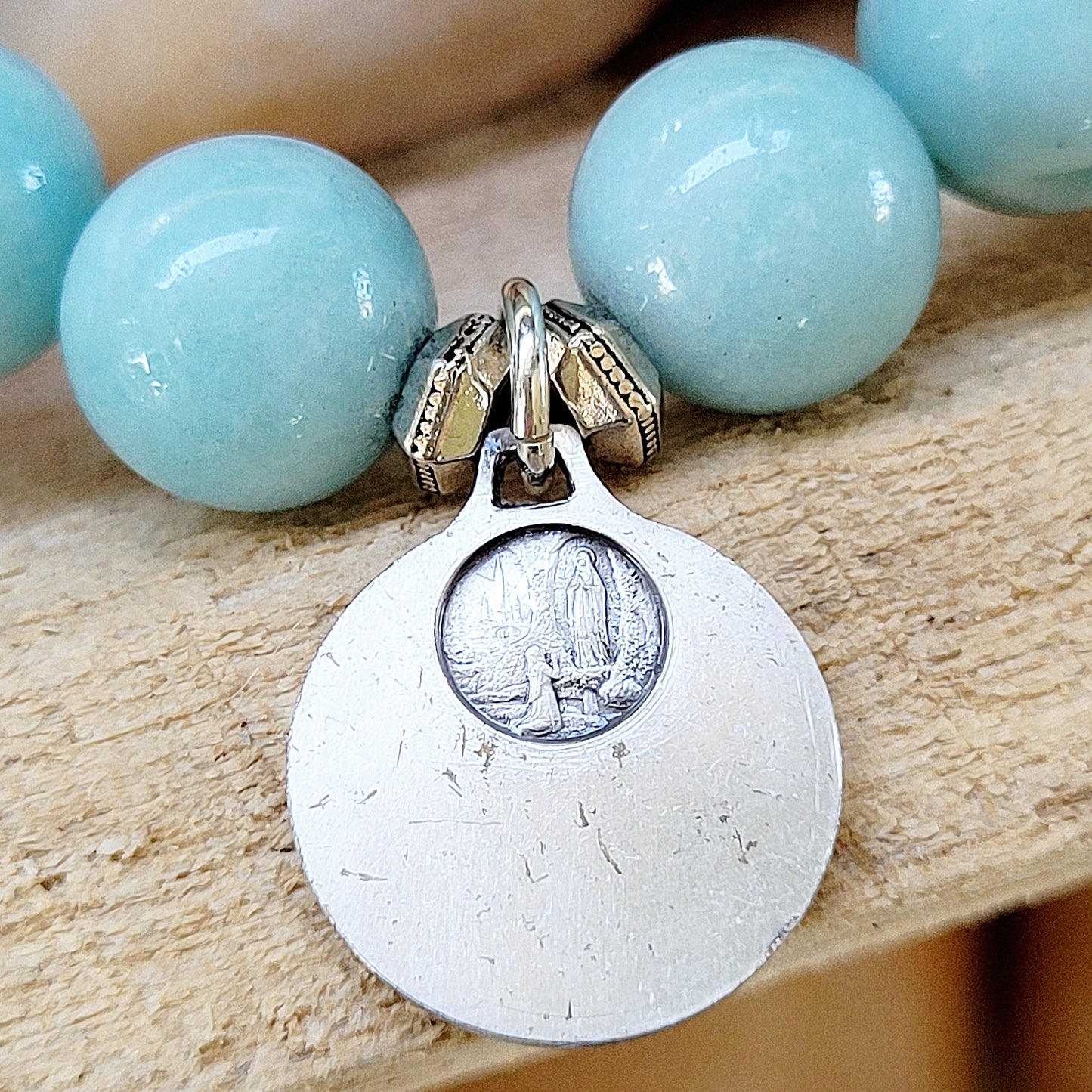 Brazilian Amazonite 12mm Smooth Beaded Bracelet w/ Our Lady of Lourdes Medal - Afterlife Jewelry Designs