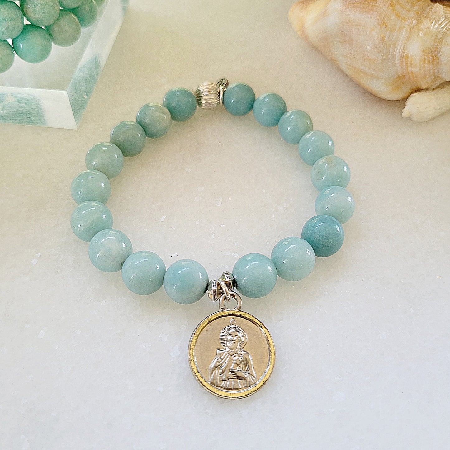 Brazilian Amazonite 12mm Beaded Bracelet w/ Medal of St. Jude Thaddeus - Afterlife Jewelry Designs