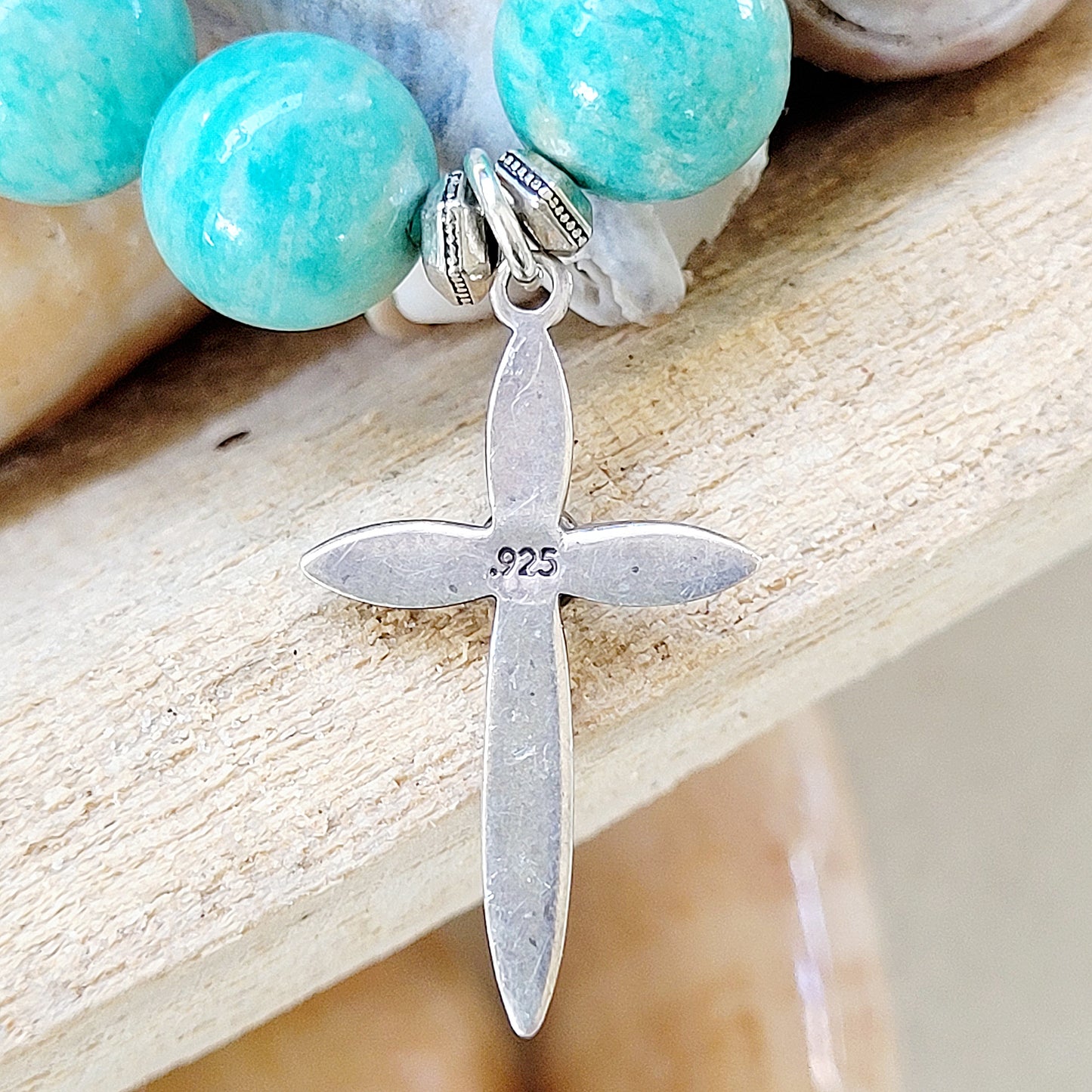 Brazilian Amazonite 12mm Beaded Bracelet w/ Sterling Silver Cross and Jade Accent - Afterlife Jewelry Designs