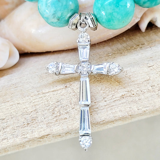 Brazilian Amazonite 12mm Beaded Bracelet w/ Sterling Silver Rhinestone Cross - Afterlife Jewelry Designs