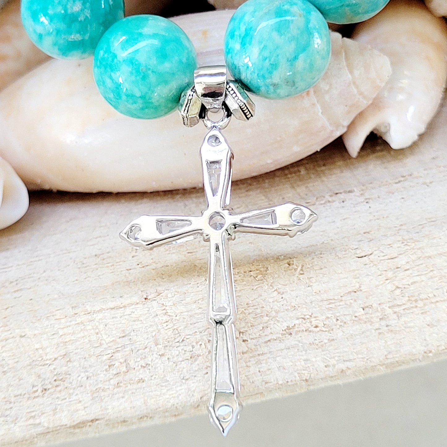Brazilian Amazonite 12mm Beaded Bracelet w/ Sterling Silver Rhinestone Cross - Afterlife Jewelry Designs
