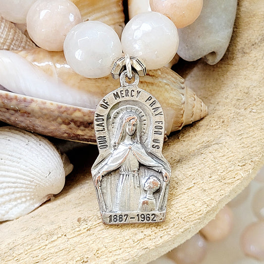Peach Moonstone Faceted 14mm Beaded Bracelet w/ Our Lady of Mercy Silver Medal - Afterlife Jewelry Designs