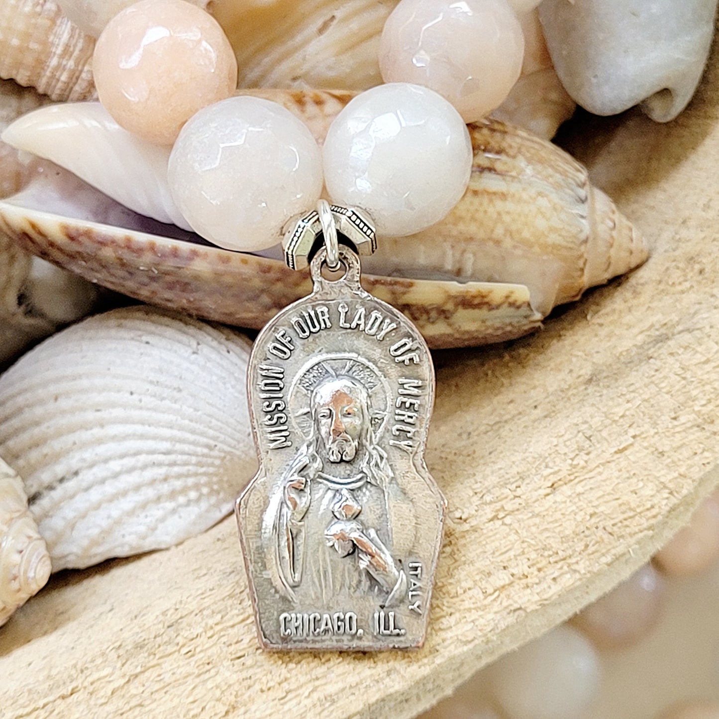 Peach Moonstone Faceted 14mm Beaded Bracelet w/ Our Lady of Mercy Silver Medal - Afterlife Jewelry Designs