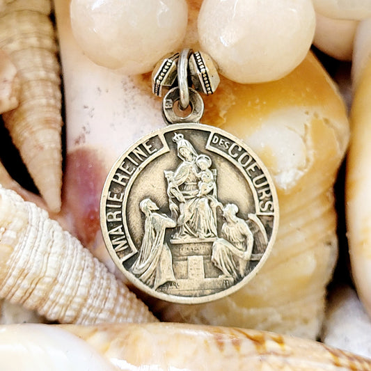 Peach Moonstone Faceted 12mm Beaded Bracelet w/ Mary Queen of Hearts Medal - Afterlife Jewelry Designs