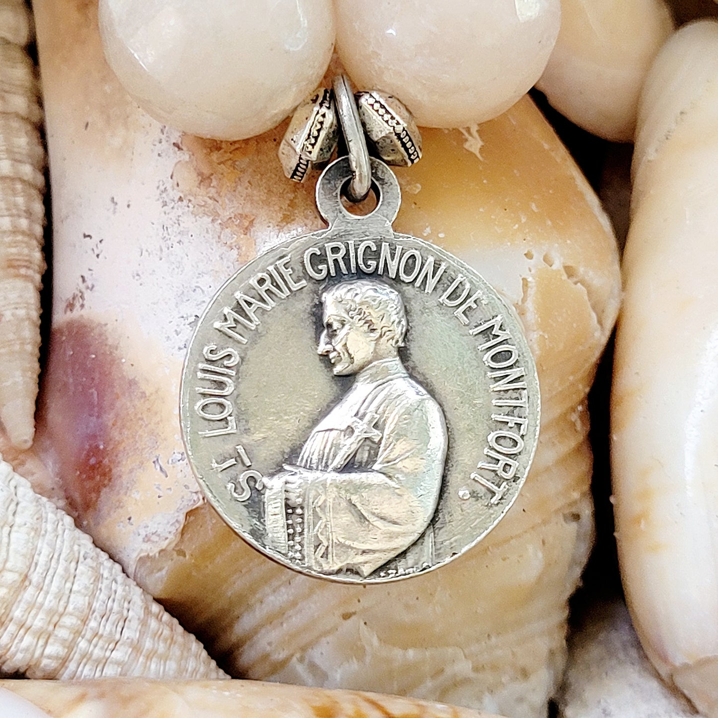 Peach Moonstone Faceted 12mm Beaded Bracelet w/ Mary Queen of Hearts Medal - Afterlife Jewelry Designs